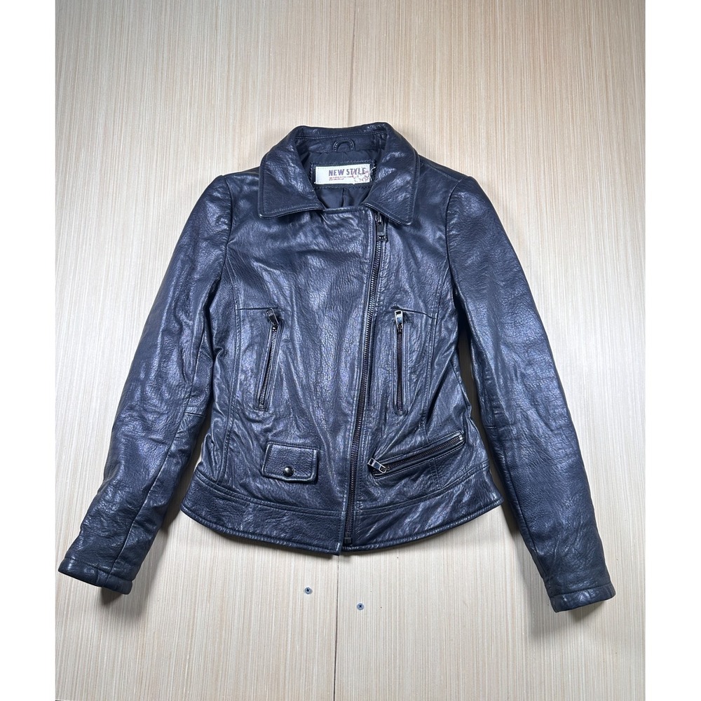 Vintage New Style Biker Jacket Womens‎ Large Black Leather Asymmetrical Zip